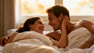 A couple lying in bed after a sexual experience
