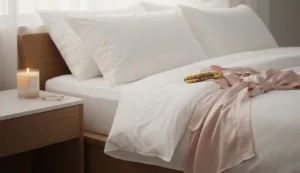 A bedroom scene with a freshly made bed, silk pjs and a gold vibrator