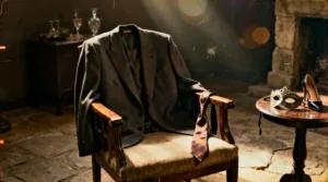 A suit jacket and tie draped over a chair, heels and a mask on the table.