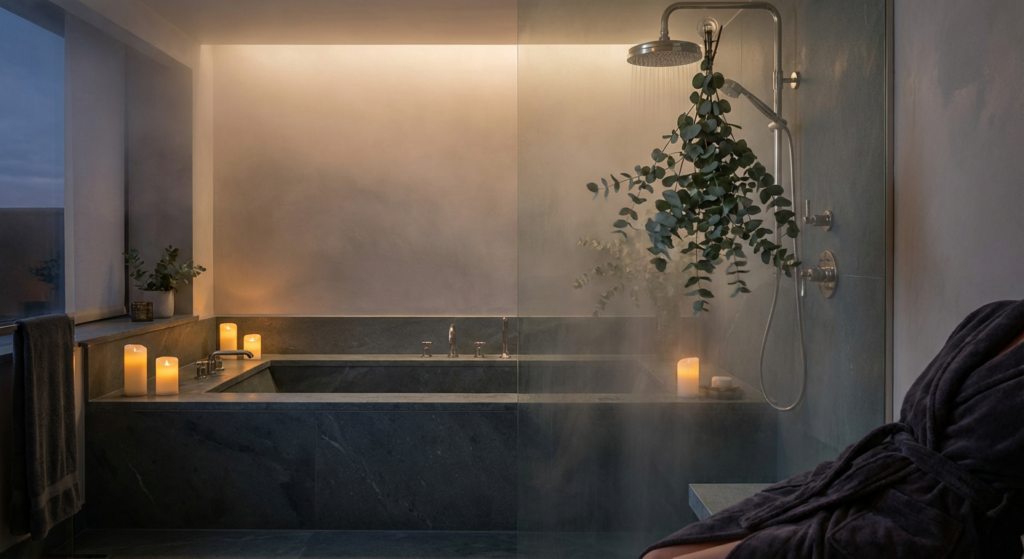 A luxurious, dimly lit bathroom shower scene, steam filling the air, waterproof LED candles flickering on the edge of a slate grey bathtub, eucalyptus branches hanging from the showerhead, soft focus, high-end spa atmosphere, cinematic lighting.