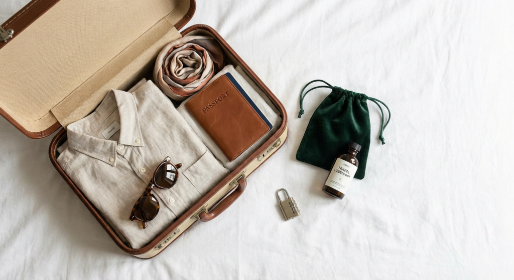 A stylish, flat-lay photography shot on a white bed sheet. An open suitcase containing neatly folded holiday clothes, a passport, sunglasses, and a nondescript, elegant velvet drawstring bag. Next to the bag, a 100ml bottle of lubricant and a small travel lock. The lighting is bright and natural, evoking a premium travel vibe.