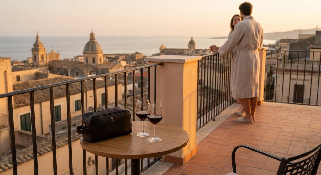 A relaxing hotel balcony scene at sunset overlooking a European city or ocean. A small table holds two glasses of wine and a closed, discreet luxury toiletry bag. The atmosphere is romantic, warm, and sophisticated, suggesting anticipation of a private evening.
