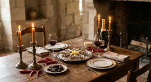 A sophisticated, romantic dining setting at home. The table is set for two with dim candlelight, featuring a spread of aphrodisiac foods: a platter of fresh oysters on ice, dark chocolate squares, and red chili peppers scattered artistically. The lighting is warm and amber-hued, evoking a sense of intimacy and culinary elegance.
