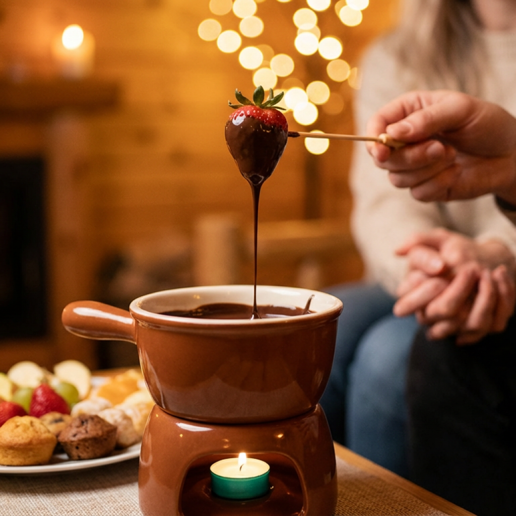 A warm, dimly lit photo of a chocolate fondue set up for two. A glossy stream of dark chocolate drips from a strawberry being dipped. Soft focus background with a glass of red wine..