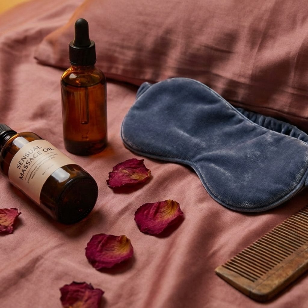 A flat-lay photography composition of sensory intimacy items on a silk sheet. Includes massage oil, a soft blindfold, and rose petals. The lighting is soft and ambient, suggesting a romantic and safe atmosphere for exploration. No people, just the tools of connection..