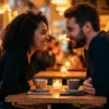 A warm, cinematic close-up shot of a diverse couple sitting at a small café table in the evening. Soft, amber lighting illuminates their faces as they maintain intense, smiling eye contact, ignoring the blurred smartphones resting face-down on the table. The atmosphere conveys intimacy, deep listening, and emotional resonance. High resolution, photorealistic style.