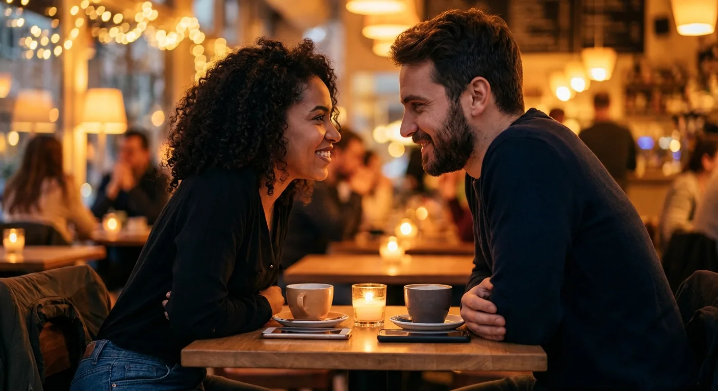 A warm, cinematic close-up shot of a diverse couple sitting at a small café table in the evening. Soft, amber lighting illuminates their faces as they maintain intense, smiling eye contact, ignoring the blurred smartphones resting face-down on the table. The atmosphere conveys intimacy, deep listening, and emotional resonance. High resolution, photorealistic style.