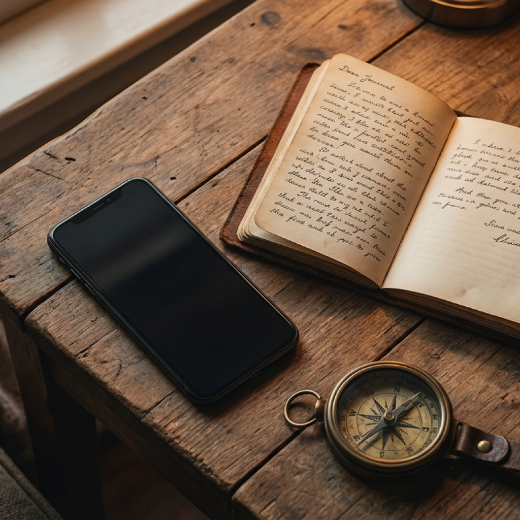 A flat-lay photography composition on a wooden table. It features three distinct objects representing the pillars: a smartphone turned off and face down (Presence), an open handwritten journal (Vulnerability), and a compass (Intentionality). The lighting is moody and romantic..