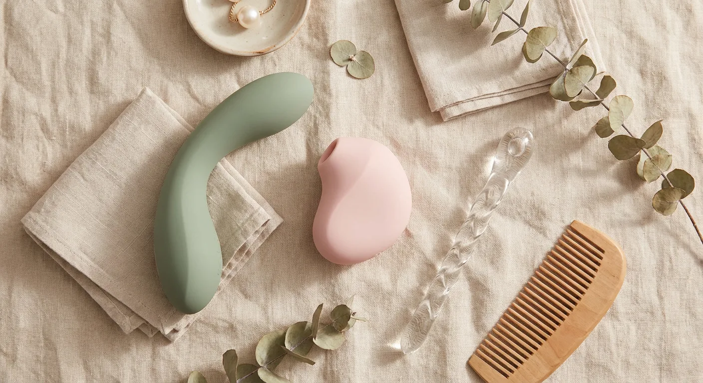 A tasteful, high-quality flat lay photography composition on a soft linen background. The image features an assortment of modern, abstract sexual wellness tools in pastel and neutral tones (sage green, soft pink, slate grey). Included are a curved silicone wand, a small air-pulse stimulator, and a sleek glass wand. The lighting is natural and warm, evoking a sense of wellness, safety, and modern sophistication suitable for a lifestyle blog in 2026.