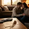 A warm, cinematic, eye-level shot inside a cozy, dimly lit living room. In the foreground, a wooden coffee table holds a handwritten checklist card, a silk blindfold, and a small feather. In the soft-focus background, a couple is sitting on a rug, laughing intimately, one whispering to the other. The lighting is golden hour, evoking a sense of safety, warmth, and romantic playfulness. High resolution, photorealistic style.