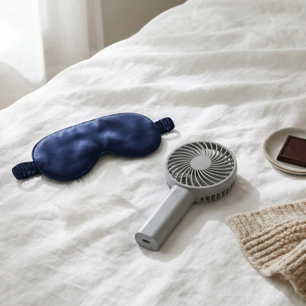 A flat-lay photography style composition of sensory items on a white bedsheet. Items include a silk blindfold, a feather, a small portable fan, a piece of chocolate, and a textured fabric swatch.