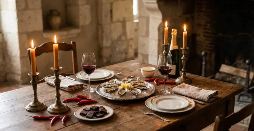 A sophisticated, romantic dining setting at home. The table is set for two with dim candlelight, featuring a spread of aphrodisiac foods: a platter of fresh oysters on ice, dark chocolate squares, and red chili peppers scattered artistically. The lighting is warm and amber-hued, evoking a sense of intimacy and culinary elegance.