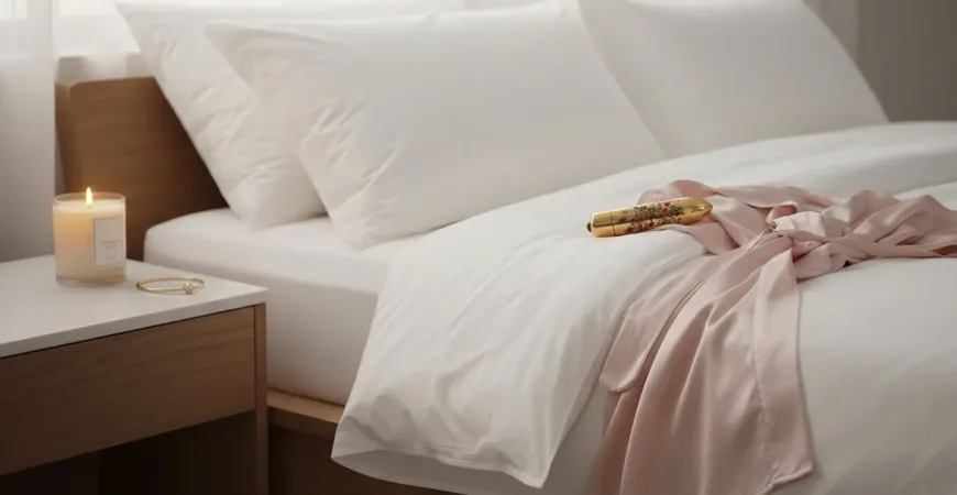 A bedroom scene with a freshly made bed, silk pjs and a gold vibrator