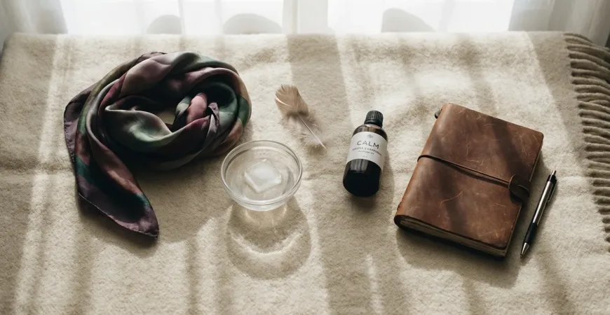 A serene, artistic, top-down shot of a diverse collection of sensory items arranged on a soft, textured cream-colored blanket. Items include a silk scarf, an ice cube melting in a glass bowl, a feather, a bottle of massage oil, and a journal with a pen. The lighting is warm and ambient, invoking a sense of calm, self-care, and intimate exploration without being explicitly sexual.
