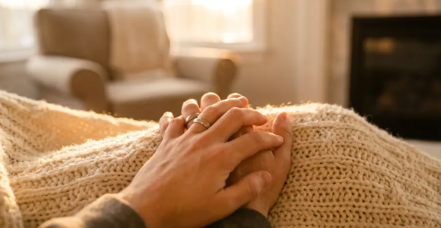 A warm, cinematic close-up shot of a couple's hands intertwined on a soft, textured blanket. The lighting is golden hour, creating a cozy and intimate atmosphere. The focus is entirely on the connection of hands, symbolizing intimacy beyond sexual acts. The style is photorealistic, soft focus, conveying tenderness and emotional connection.