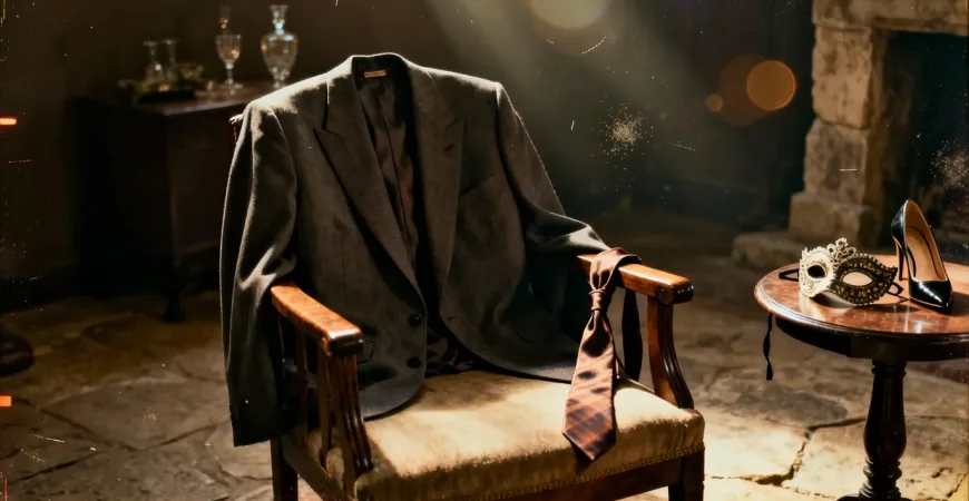 A suit jacket and tie draped over a chair, heels and a mask on the table.