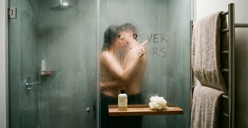 Create an image which implies sexy time in the shower or bath with your partner to fall in line with the post text.