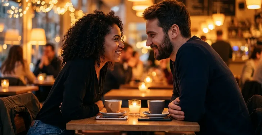 A warm, cinematic close-up shot of a diverse couple sitting at a small café table in the evening. Soft, amber lighting illuminates their faces as they maintain intense, smiling eye contact, ignoring the blurred smartphones resting face-down on the table. The atmosphere conveys intimacy, deep listening, and emotional resonance. High resolution, photorealistic style.
