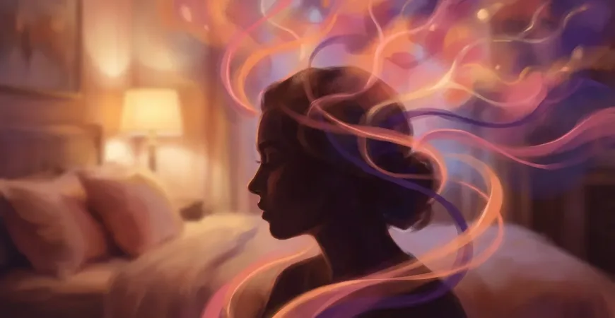 A warm, artistic, and abstract representation of the human mind and imagination. The image should feature a silhouette of a person in a contemplative state, surrounded by soft, flowing ribbons of light in hues of deep purple, warm amber, and soft pink, symbolizing the fluidity of thought and desire. The setting should feel intimate and safe, perhaps a cozy bedroom corner with soft lighting, but the focus remains on the 'inner world' visualization. The style should be high-quality digital art, evoking a sense of psychological depth and emotional safety.