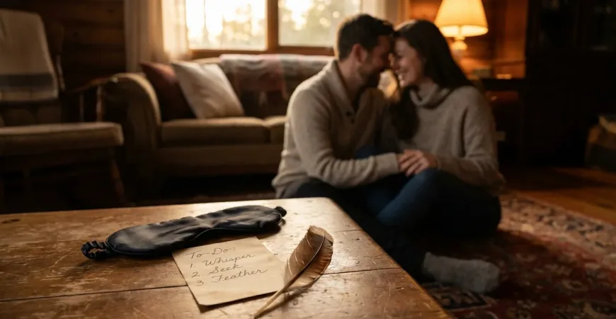 A warm, cinematic, eye-level shot inside a cozy, dimly lit living room. In the foreground, a wooden coffee table holds a handwritten checklist card, a silk blindfold, and a small feather. In the soft-focus background, a couple is sitting on a rug, laughing intimately, one whispering to the other. The lighting is golden hour, evoking a sense of safety, warmth, and romantic playfulness. High resolution, photorealistic style.